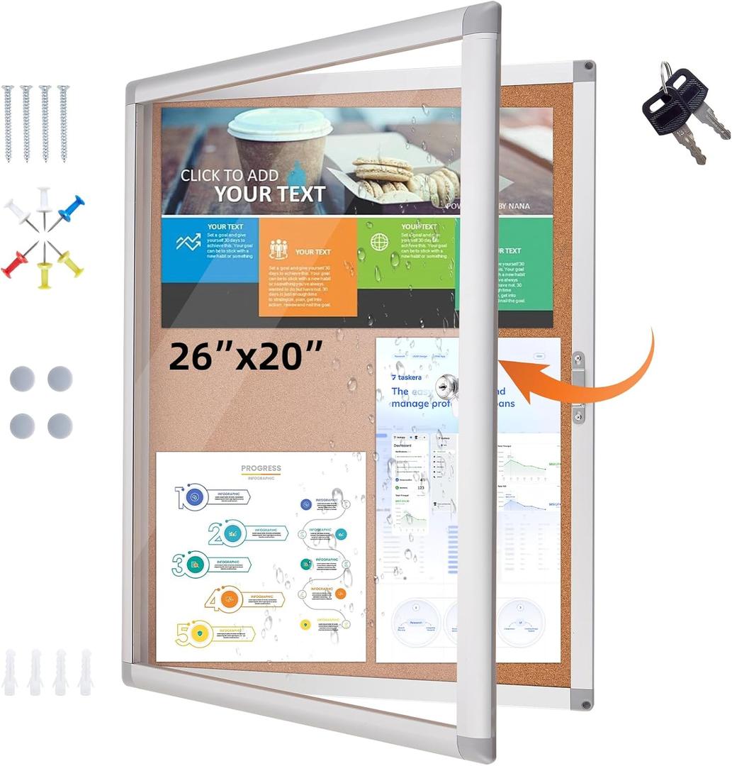 Enclosed Bulletin Board Outdoor 26"x20", Aluminium Frame Weatherproof Bulletin Board with Locking Door, Tamper-Proof Display Case Lockable Corkboard for Home, School, Office, Store (Silver-brown)