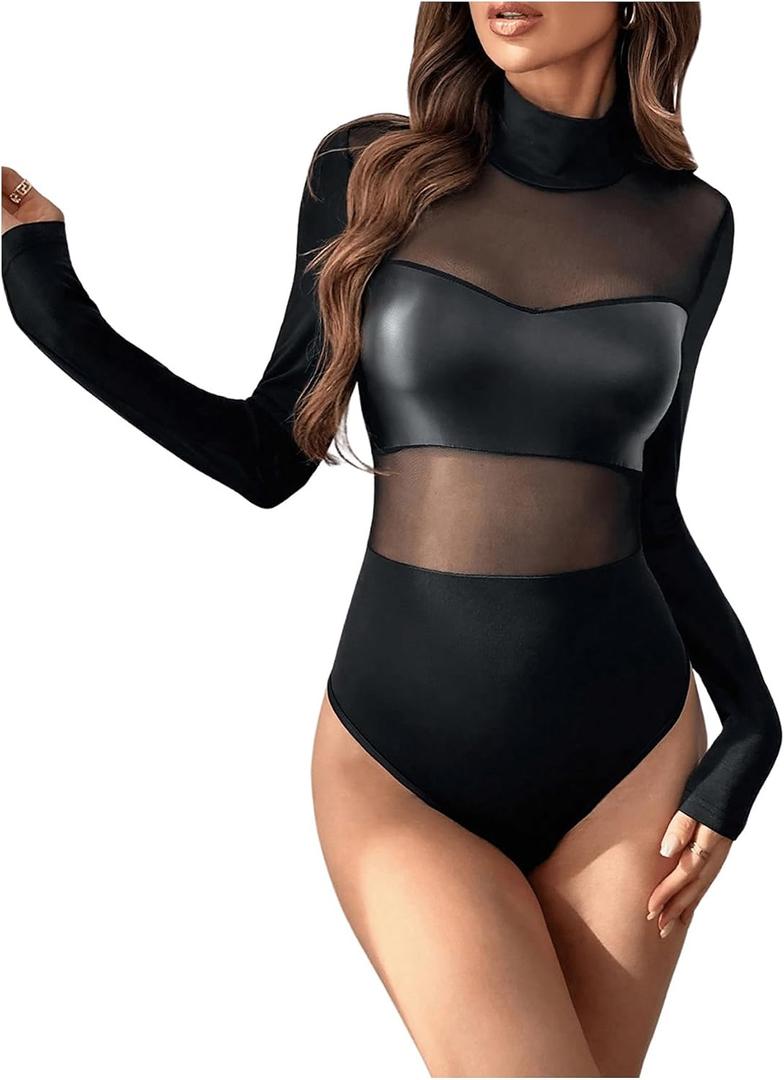 Milumia Women's Pu Leather Contrast Mesh Bodysuit Mock Neck Long Sleeve Leotards M