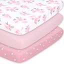 The Peanutshell 3-Pack Fitted Playard Sheets - Soft & Breathable Baby Girl Mini Crib Sheets, Pack N Play Mattress, Fits Standard Playard Pack Play Mattresses - Pink Roses & Ditsy