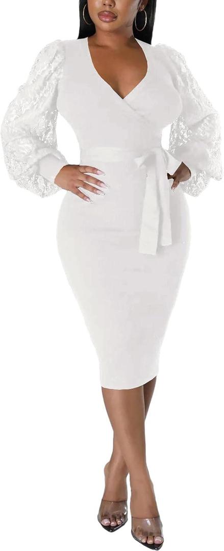 BOGURST Semi Formal Church Dresses for Women Bishop Sleeve Sexy V Neck Bodycon Midi Dresses (XX-Large, Ba White)