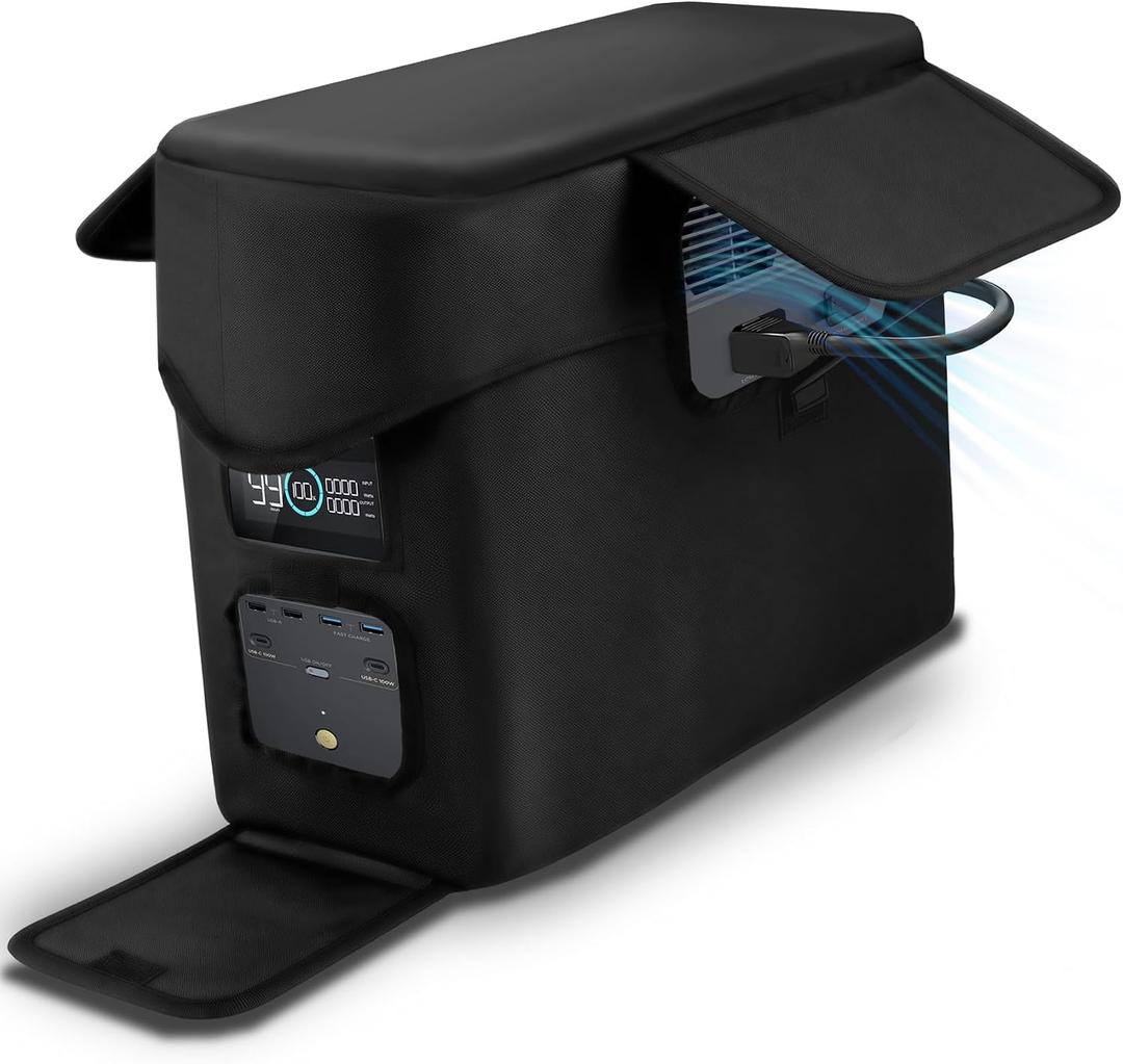 Heavy-Duty Protective Cover Compatible with EcoFlow DELTA 2 Max & Extra Battery, 1680D Waterproof Dustproof Storage Case with Side Accessory Pocket, Precision Fit for Outlets & Ventilation (Black)