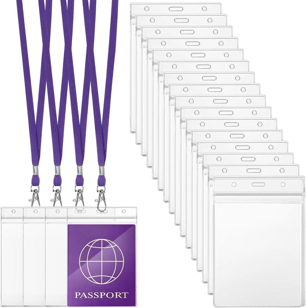 Patelai 50 Pcs 4 x 5.5 Inch Clear Passport Holders with Lanyard Extra Large PVC Card Holder Waterproof Name Badge Holder for Cruise Vacation Credit Card Plane Ticket Receipt (Purple)