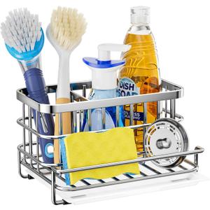 HapiRm Kitchen Sink Organizer, SUS304 Stainless Steel Rustproof Multifunctional Large Sink Caddy with Sponge Holder and Drain Tray for Kitchen Countertop (Silver)