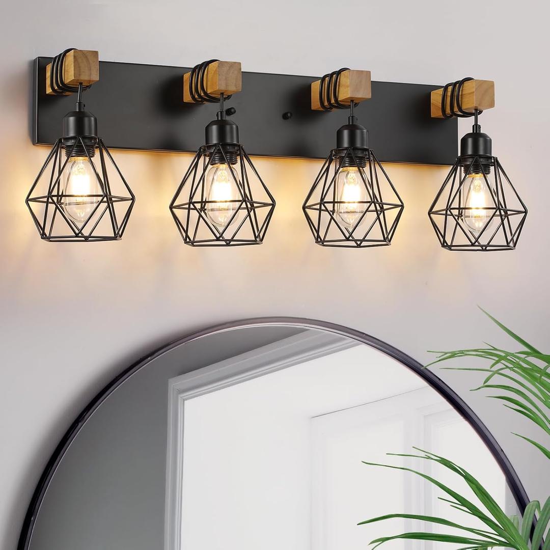 4 Light Farmhouse Vanity Light for Bathroom, Wood Bathroom Vanity Light Fixtures Over Mirror, Rustic Sconces Wall Lighting with Metal Lampshade for Living Room, Bedroom, Hallway (Black)