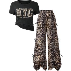 RoseSeek Girl's 2 Piece Leopard Print Outfits Short Sleeve Graphic Tees and Bow Cheetah Baggy Pants Sets, 11Y