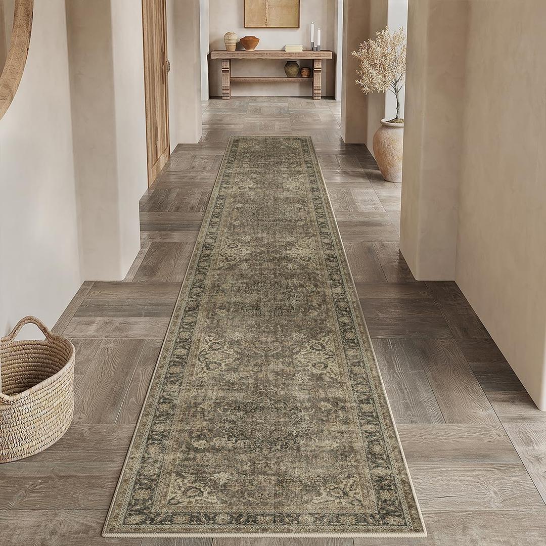 2x12 Washable Runner Rug Brown Vintage Non Slip Soft Low Pile Hallway Kitchen Rug Distressed Oriental Carpet for Laundry Bathroom Bedroom Living Room Home Decor