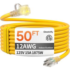 12 Gauge 50 FT Heavy Duty Outdoor Extension Cord Waterproof with Lighted End,Yellow 12 Gauge Extension Cord Flexible and Cold Resistant 3 Prong Grounded Plug,15Amp 1875W SJTW ETL Listed