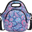 Neoprene Lunch Bag, Thermal Insulated Lunch Tote Bag with Detachable Shoulder Straps, Lightweight & Reusable Lunch Bag for Women Men (Cashew Flowers (Upgraded Version))