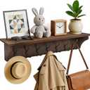 33" Coat Rack with Shelf Wall Mount, Pre-Assembled Solid Wood Coat Hooks with Shelf, Wall Coat Hanger with 7 Metal Triple-Hooks for Hanging Hat,Key,Clothes,Towel, for Entryway,Bedroom,Bathroom,Charred