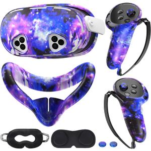 Silicone Cover Set Compatible with Meta/Oculus Quest 3s Accessories, VR Silicone Face Cover, VR Shell Cover,Touch Controller Grip Case,Camera Lens Protector Set (Starry Purple)