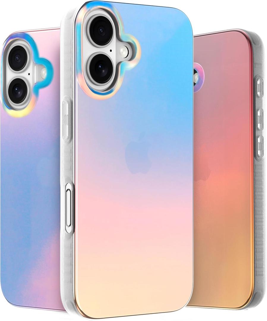 LONLI Hue Case for iPhone 16 - [360 Shock-Absorbent Bumper] - [Cute and Unique Phone Cover for Girls and Women] - Fluorescent Holographic Iridescent