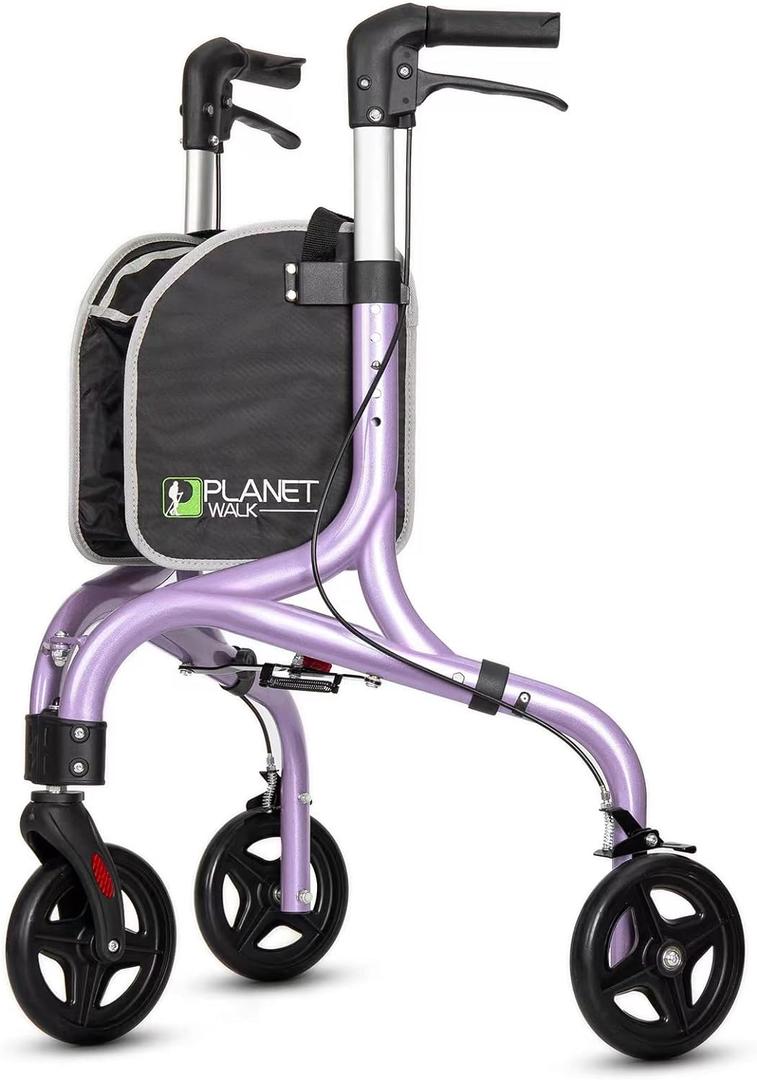 PLANETWALK Premium 3 Wheel Rollator Walker for Seniors Ultra Lightweight Foldable Aluminum Mobility Aid with Height Adjustable Handle and 8 Inch Wheels, Brilliant Purple