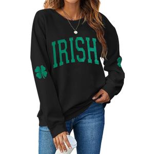 Women St. Patrick's Day Sweatshirts Shamrock Clover Print Shirts Casual Irish Gift Long Sleeve Loose Fit Tops (Medium, Black)