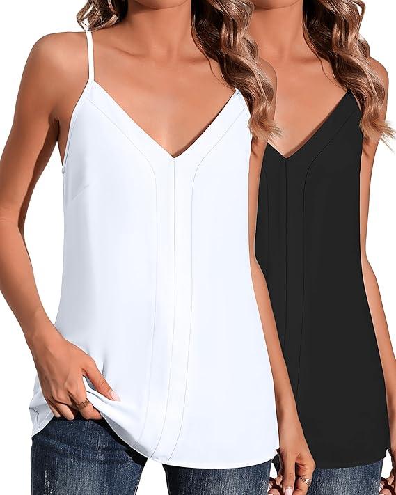 Huukeay 2 Pcs Women's V Neck Tank Tops Strappy Cami Shirts Women Chiffon V Neck Cami Tops Casual Sleeveless Tanks Blouse (Black, White,X-Large)