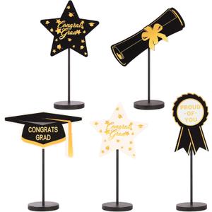 2026 Graduation Decorations, 5Pcs Black Gold White Wooden Table Centerpieces Decor Include Grad Cap Diploma Star Supplies Medal Sign, of Congrats Graduation Day Class Party Decoration.