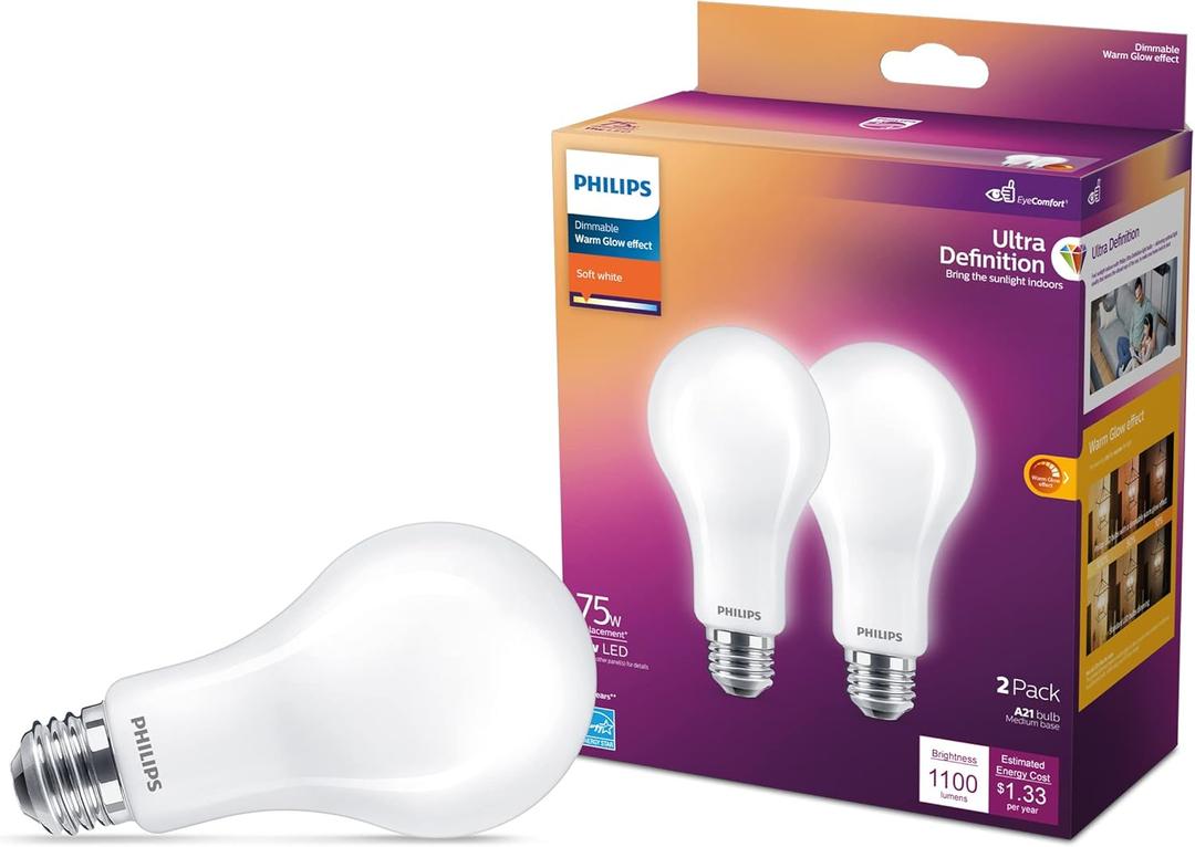 75W A21 2-Pack Ultra Definition Soft White (2200K) 1100 Lumen (11W = 75W) Dimmable Warm Glow Frosted Flicker-Free Light Bulbs