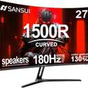SANSUI 27 Inch Curved Gaming Monitor 180Hz 1ms with Speakers FHD 1080P Computer Monitor FreeSync|1500R|130% sRGB|HDR|Low Blue Light|HDMI DP Ports|VESA Mount|Metal Stand(ES-G27C1 HDMI Cable Included)