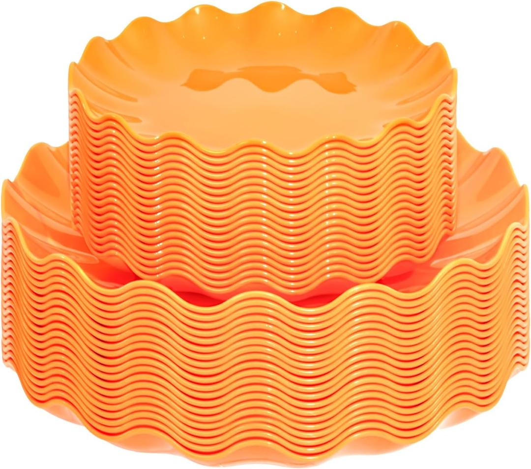 LIYH 50 Pcs Orange Scalloped Plastic Plates Heavy Duty Plates Reusable Unbreakable Plastic Plate for Party,Dishwasher Safe BPA Free (25Guests)