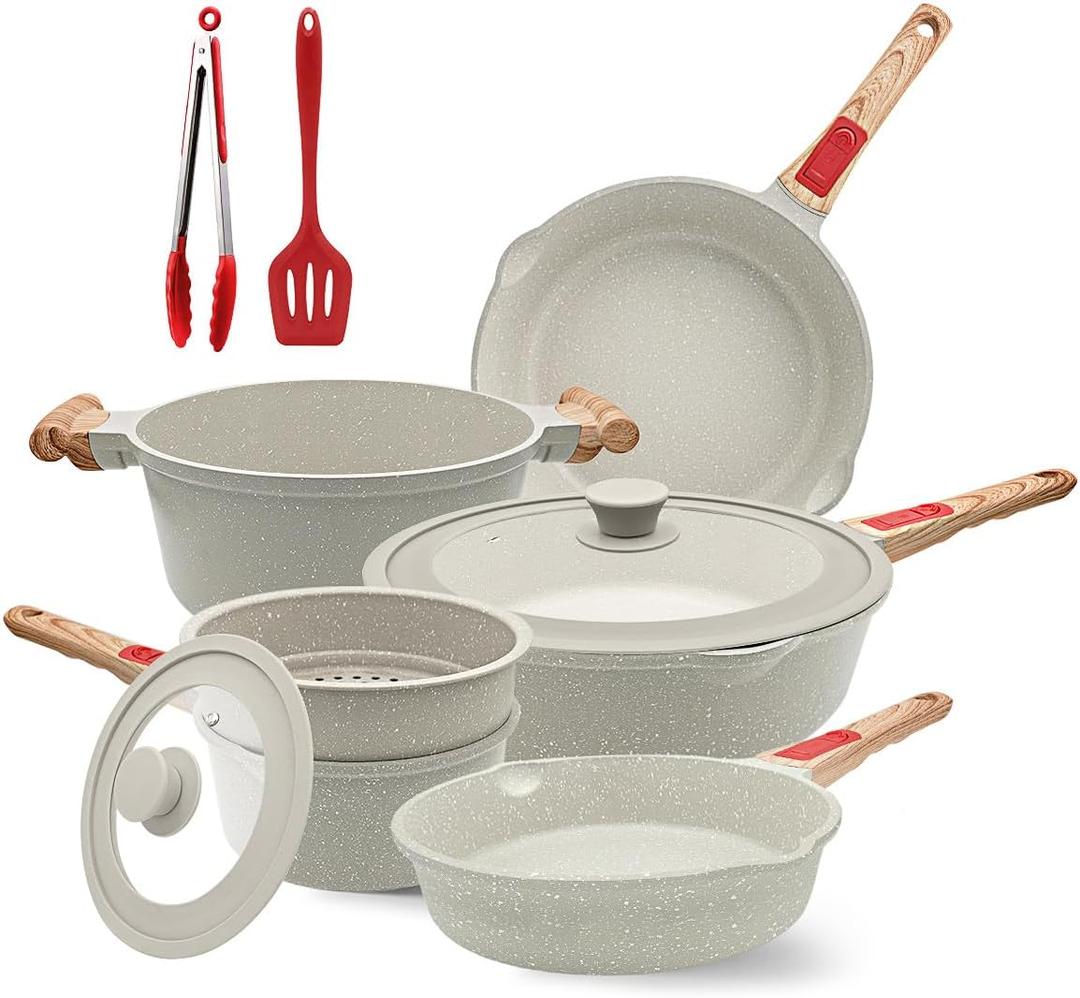 10 Pcs Pots and Pans Set Nonstick, Cast Aluminum Kitchen Cookware Set with Lid/Frying Pans & Saucepans with Detachable Handle, Oven& Dishwasher Safe (White) (10 Pcs, White)