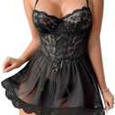 Lilosy Sexy Garter Belt Mesh Lace Babydoll Lingerie Dress Set with Thong, M