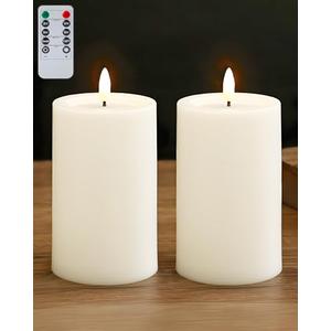 Gmnee 3"x4" Outdoor Waterproof Flameless Candles with Remote and Timers, LED Candles, Battery Operated Candles, Electric Fake Pillar Candles for Patio, Porch, and Lanterns Decor (White, Plastic), Set of 2
