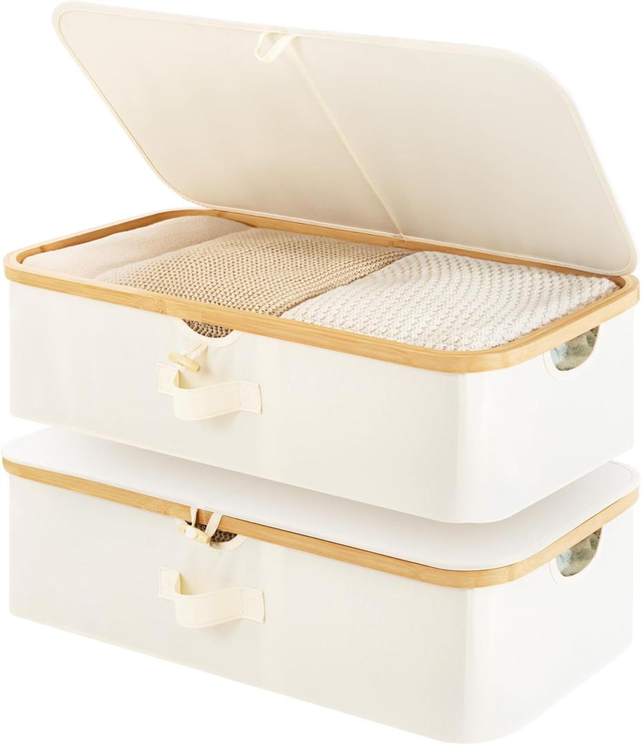 StorageWorks 2-Pack Underbed Storage Box with Bamboo Frame, 42L Flip-Top Under Bed Container for Blankets, Bed Sheets, Coverlets and Towels, Beige
