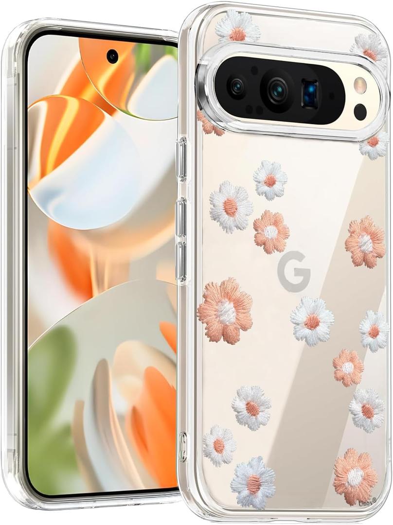 Unov Case Compatible with Pixel 9 Pixel 9 Pro Case Clear with Design Soft TPU Shock Absorption Slim Embossed Pattern Protective Back Cover (Daisy Blooms)