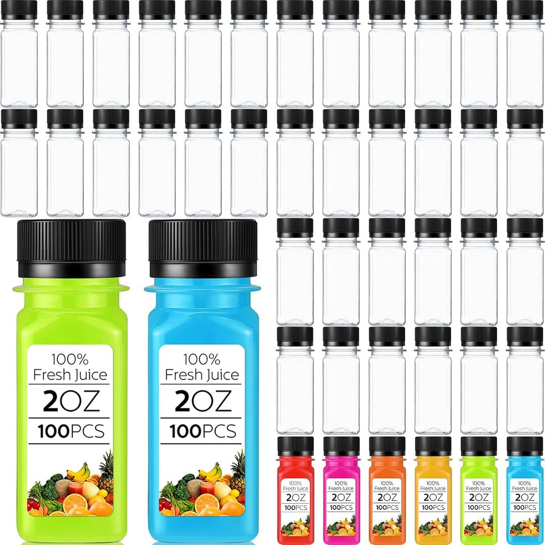 Roshtia 100 Pcs 2oz Small Clear Plastic Juice Bottles with Lid for Liquids Reusable Ginger Shots Bottle Vial Beverage Container Leak Proof Mini Jars for Juice, Milk, Water