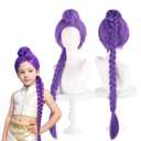 Halloween Purple Anime Cosplay Braid Wig, Cute Long Purple Wigs, 2 Hair Caps + Wig, Synthetic Hair with Braid for Parties