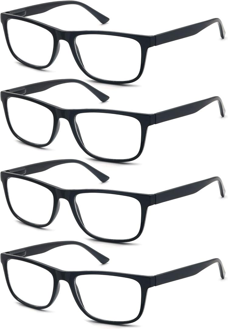 Reading Glasses 2.50 Oversized Large Square Men Readers Black Frame 4 Pack, Comfy Lightweight Eyeglasses for Reading Flexible Spring Hinge