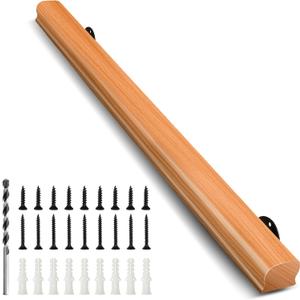 6FT Solid Wood Stair Handrail for Indoor Stairs, Outdoors Stair Railings, Sturdy Wall Mounted Non-Slip Safety Design, Elderly-Friendly & Child-Safe, with Banister Hardware and Brackets