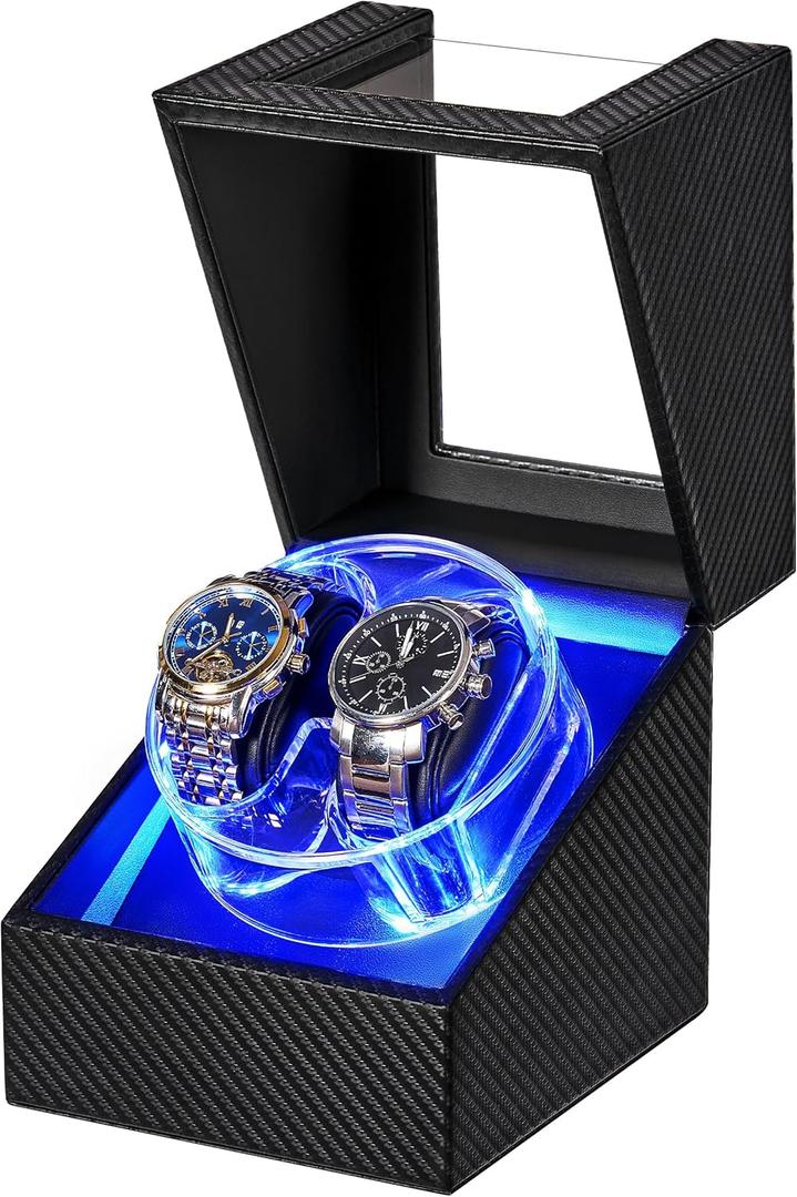 ANWBROAD Watch Winder for Automatic Watches, 4 Modes Double Automatic Watch Winder box with LED Crystal Design, Rotating Watch Case with Super Quiet Motor with Type-C Adapter UJWW007C