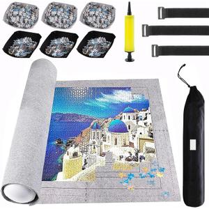 Puzzle Mat Roll Up for 3000 2000 1500 Pieces Jigsaw Puzzles, Large Portable Pad Table Non-Slip Board Saver Mats with 6 Sorting Trays, Inflatable Tube, 3 Straps, Keeper Storage Bag, Adults Gifts