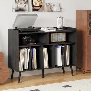 ChooChoo Record Player Stand, Turntable Stand with Vinyl Storage, Record Player Cabinet Up to 350 Albums, Cube Storage Organizer for Living Room, Black, 39.4" W X 15.7" D X 29.5" H