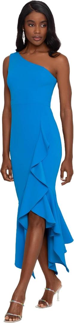 Xscape Women's Xscape Women's High-Low, Sleeveless, V-Neck, with Floral Print, Tiered Ruffle Skirt, and Strappy Back Silhouette (Blue, M)