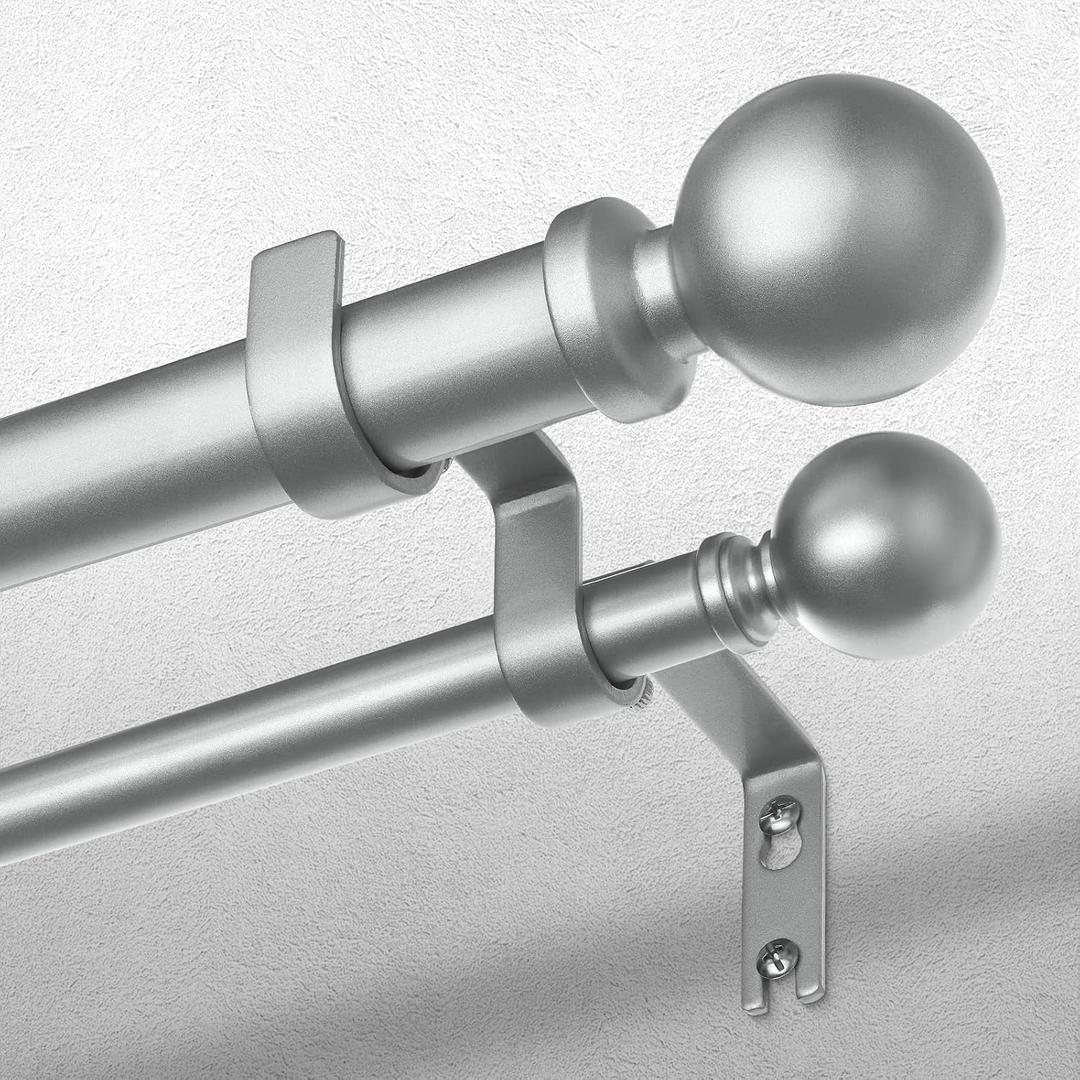 Double Curtain Rod 36-76 Inch, Silver Dual Curtain Rods for Windows, 1 Inch Decorative Adjustable Heavy Duty Telescopic Spliced Window Treatment Rods Set for Bedroom Living Room Farmhouse