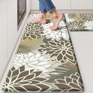 Kitchen Mats for Floor 2PCS Cushioned Anti Fatigue Kitchen Mats Waterproof Non Slip Kitchen Mat Rug Set Comfort Foam Standing Mat for Sink, Laundry, Office,17.3" x 28" + 17.3" x 47", Brown White