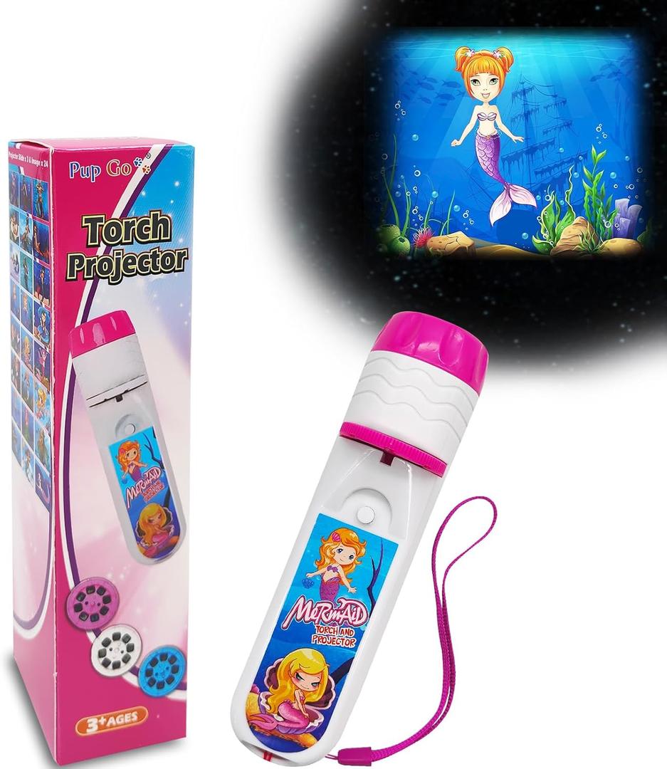 Mermaid Projector Flashlight for Kids Ages 3+, Ideas Christmas Stocking Stuffers Gifts for Girls, Pink Fairy Little Mermaid Toys, 3 Discs 24 Images, Kid Night Light Projector (1-pack( Mermaid))