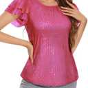 Women Casual Sequin Tops Party Night Ruffle Sleeve Loose Sparkly Blouses Tops Rose Red, XL