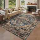 GarveeHome 9x12 Washable Vintage Living Room Area Rug: Vintage Machine Washable Area Rug for Living Room Indoor Large Non-Slip Bedroom Carpet Low Pile Stain Resistant Dining Room Carpet Blue & Brown