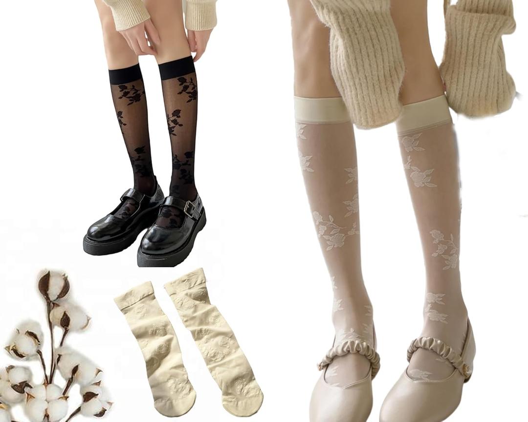 CHUNFO Sheer Socks Womens Floral Embroidered Flower Calf Knee High Cute Ankle Vintage Sock Thin Size 5-10.5 (One Size, 2 Pack, Black, White)