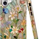 Case Compatible with iPhone 16,Fall Prevention Bright Hybrid 2-Layer Hard Shell Phone Case for Girls Boys,Stained Glass Bloom Flower