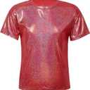 DRHOM Kids Boys Girls Metallic Shiny T-Shirt Jazz Hip Hop Dance Tops Short Sleeves Loose T-Shirt for Performance Costume (4-5, Red)
