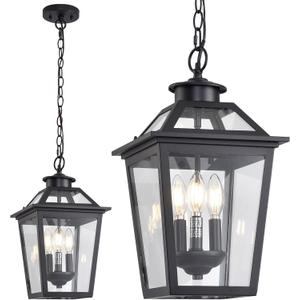 Large Outdoor Pendant Light Fixtures 3-Light Black Exterior Hanging Lantern with Clear Glass Outside Chandelier for Porch Front Door House, 9.45 inches x 9.45 inches x 17.1 inches