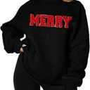 MAPICK Merry Sweatshirt for Women Christmas Fleece Linend Sequin Sweaters Crewneck Oversized Long Sleeve Pullover Tops (X-Large, Black)