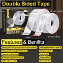 3 x 1.18IN*9.85 FT Nano Grip Tape Double Sided Tape Heavy Duty, Clear Mounting Tape Picture Hanging Adhesive Strips, Wall Tape for Poster, Rug, Picture Hanging, Office&Outdoor