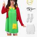 Clarisbelle Women's Halloween 6 Pcs Peter Pan Collar Outfits Cosplay Costume Green Dress with Red Cardigan  3XL