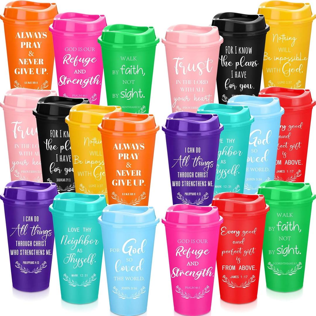 Skylety 20 Pack Christian Gifts for Men Women 16oz Reusable Bible Verse Tumbler Bulk Plastic Coffee Cup with Lid Inspirational Religious Church Gift for Mother Father Birthday (Rainbow Color)