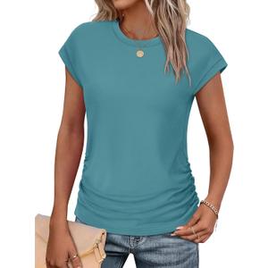 SAMPEEL Womens Summer Tops Trendy 2025 Ruched Cap Short Sleeve Tshirts Shirts Crew Neck T Shirts Fashion (Large)
