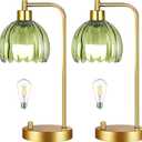 Green Table Lamp Set of 2,Small Glass Bedside Lamps Dimmable Boho Bedroom Lamp with Tulip Flower Lamp Shade,Gold Vintage Mid Century Modern Mini Nightstand Lamp for Bedroom Living Room